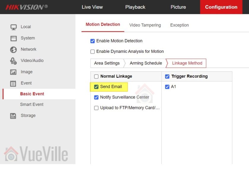 Hikvision Motion Detection Email Alerts Gmail - Basic Event Linkage - VueVille