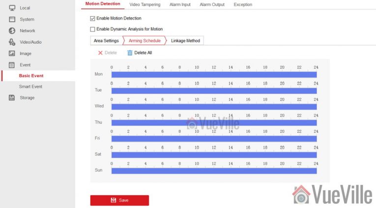 Hikvision Motion Detection Setup - Basic Event - Arming Schedule - VueVille