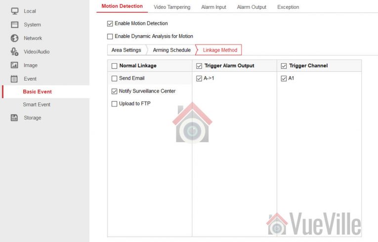Hikvision Motion Detection Setup - Basic Event - Linkage Method - VueVille
